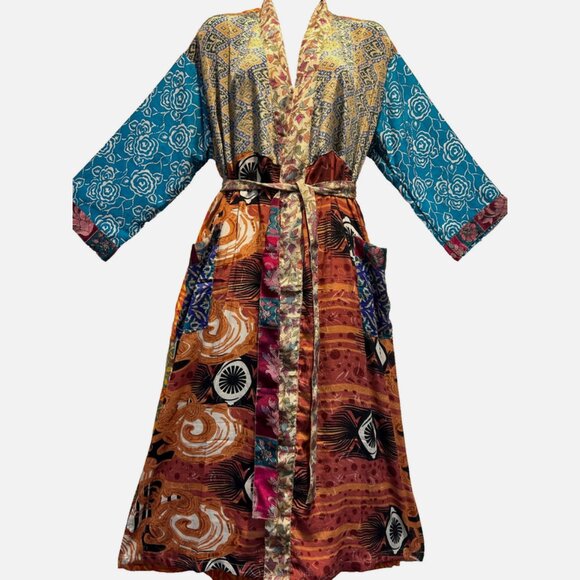 Nwt FUNKY STUFF boho patch belted vintage silk TOP DUSTER CARDIGAN 1X - Picture 1 of 5